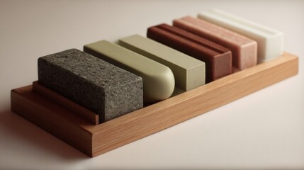 Assorted soap bars on wooden tray for skincare beauty wellness lifestyle product photography concept