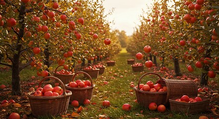 Autumn Apple Harvest An enchanting orchard scene reveals a bountiful apple harvest during a picturesque autumn day, with baskets overflowing with fresh, ripe apples