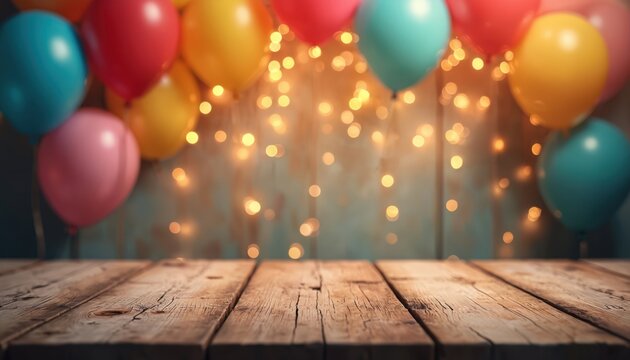 Festive background with colorful balloons floating near wooden table. Blurred bokeh lights create a warm, celebratory atmosphere for birthday, anniversary, or party events.