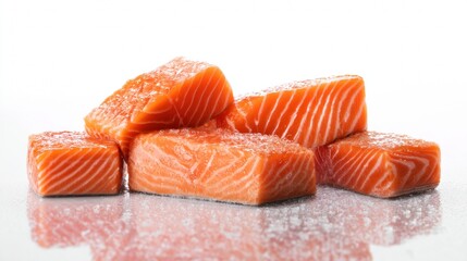 Fresh salmon fillets on white surface for seafood food lifestyle product photography concept