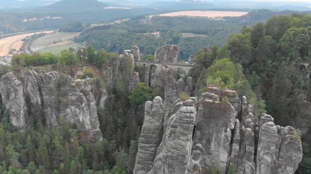 Bastei bridge stretches across the elbe sandstone mountains in saxon switzerland