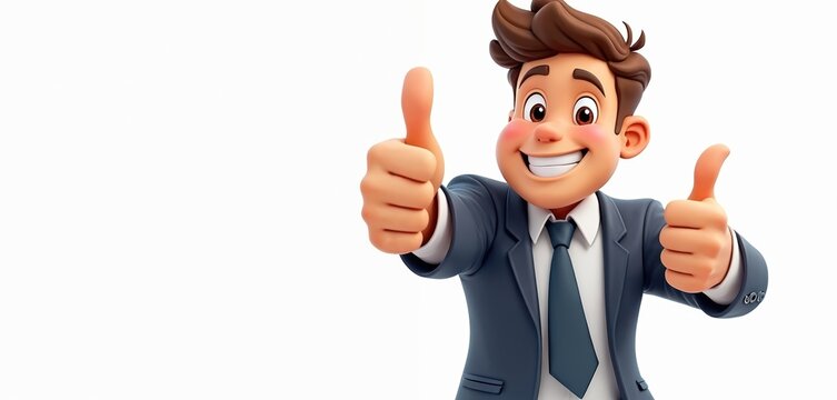 Cartoon businessman gives thumbs up gesture. Smiling character in suit, tie offers positive approval. Business success, good job, great feedback, approval concept. Clean white background for easy