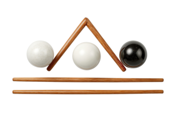 Three Spheres and Two Pairs of Wooden Sticks Keywords: balls, spheres, white, black, speckled isolated on a transparent background in PNG format.