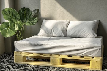 Sunlight streams into a room illuminating a pallet bed with white linens and pillows, alongside a leafy green plant