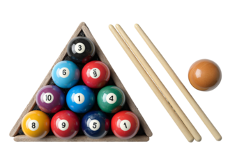 Billiard Balls in Triangle Rack with Cue Sticks and Orange Ball Keywords: billiard balls, pool isolated on a transparent background in PNG format.