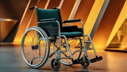 A modern, metallic wheelchair with a dark-green cushioned seat rests in a contemporary interior setting