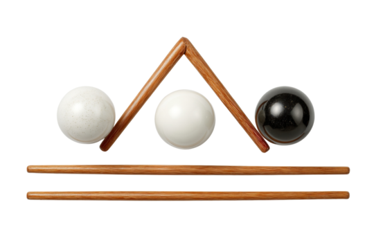 Three Spheres and Two Pairs of Wooden Sticks Keywords: balls, spheres, white, black, speckled isolated on a transparent background in PNG format.