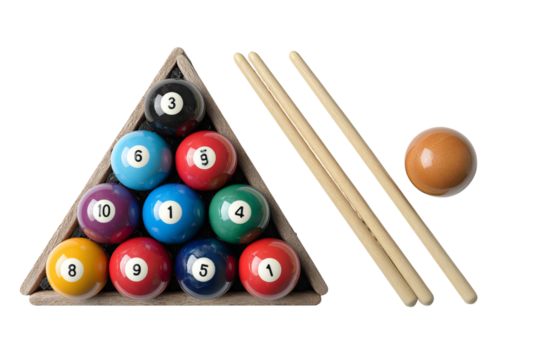 Billiard Balls in Triangle Rack with Cue Sticks and Orange Ball Keywords: billiard balls, pool isolated on a transparent background in PNG format.