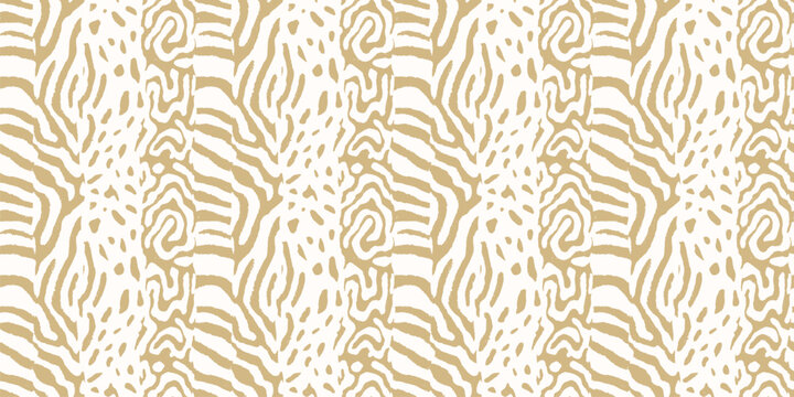 White and gold animal print. Vector seamless pattern. Trendy background with mixed abstract wildlife fur, spots, stripes, organic shapes. Leopard, zebra, tiger, snake skin texture. Repeated design