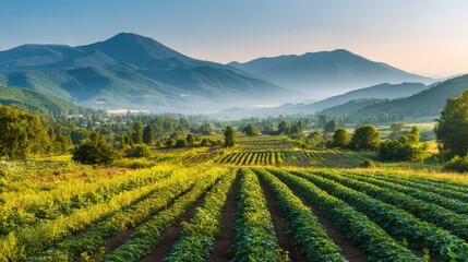 Fototapeta premium Lush green fields stretch across a valley, framed by a misty mountain range at sunrise.