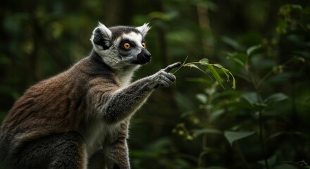 Obraz premium Ring-tailed Lemur Poses with Delicate Branch in Lush Green Habitat