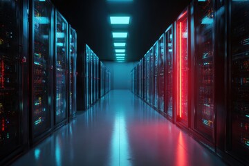 Modern data center with glowing server racks and blue and red lights