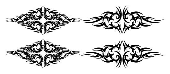 Vector art of tribal tattoo design elements, set of four symmetrical patterns for decoration
