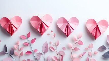 Pink Origami Paper Hearts Isolated on Transparent Background, Crafty Valentine's Design.