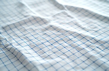 Close-up of wrinkled white graph paper featuring a blue grid pattern. This crumpled sheet offers a textured background with squared lines for planning, design, and academic work.