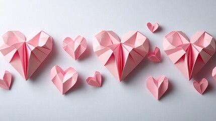 Pink Origami Paper Hearts Isolated on Transparent Background, Crafty Valentine's Design.