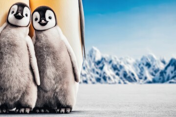 Two adorable baby emperor penguins huddle together near their parent's feet in a snowy Antarctic landscape