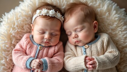 Adorable twin baby boy, girl sleeping peacefully side-by-side. Dressed in matching pastel knitted outfits. One wears pink sweater, delicate floral headband, cream sweater. Sweet siblings in cozy