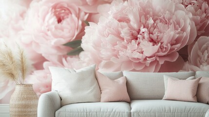 Pink Peonies Wallpaper, Soft and Elegant Floral Design for Tranquil Spaces.
