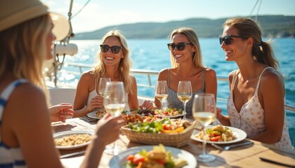 Happy young women friends enjoy summer meal on sailing yacht. Blond girls dine with wine and seafood. Female travelers group relax on boat deck, have fun ocean cruise, holiday vacation concept.