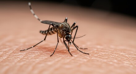 Close-up of a mosquito feeding on human skin illustrating the transmission of diseases and potential health risks associated with insect bites