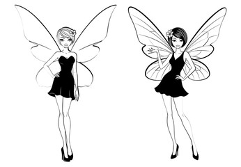 Vector art of two elegant fairy figures with delicate wings and stylish dresses