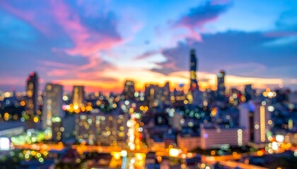Fototapeta premium A blurred, elevated view of an urban skyline at dusk. Buildings and lights create a vibrant display beneath a colorful sky