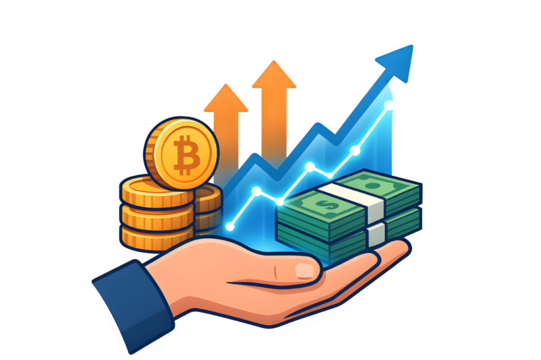 Hand Holding Glowing Financial Graph with Coins and Money – Transparent PNG