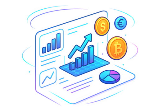 Augmented Reality Financial Dashboard with 3D Graphs and Crypto Coins – Transparent PNG