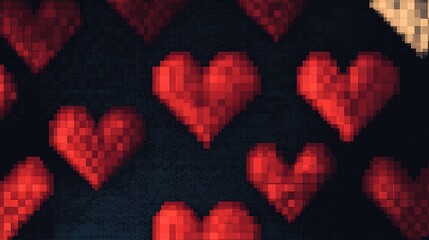 Pixel Art Hearts Seamless Pattern, 8-Bit Red Hearts for Retro and Nostalgic Designs.