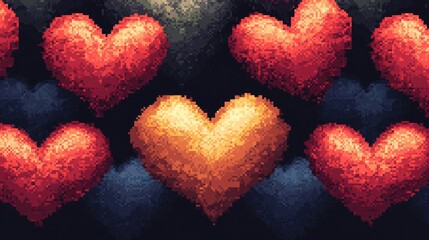 Pixel Art Hearts Seamless Pattern, 8-Bit Red Hearts for Retro and Nostalgic Designs.