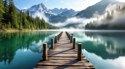 Obraz premium Serene lakeside dock with mountainous backdrop and morning mist in a tranquil natural setting