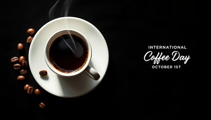 Steaming cup of coffee on a saucer with beans for international coffee day