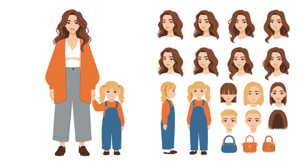 A Woman and a Child Character Design Kit Featuring Multiple Facial Expressions and Clothing Options for Creative Projects