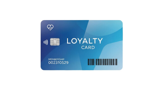 Modern blue loyalty card with barcode and chip for customer rewards and benefits