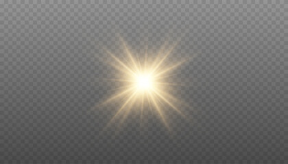 Fototapeta premium Golden starburst light effect. Gold star with rays, isolated. Sun PNG on transparent background