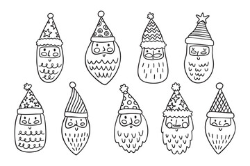 Set of santa claus portraits decorative clipart, monochrome line art doodle hand drawn cartoon clipart set collection elements