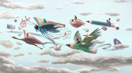Book, education, and reading concept. imagination of child. fantasyart. surreal artwork. conceptual illustration.  © Jorm Sangsorn