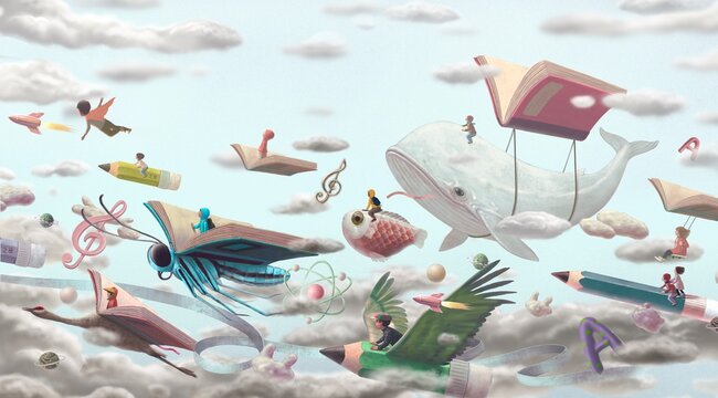 Book, education, and reading concept. imagination of child. fantasyart. surreal artwork. conceptual illustration.	