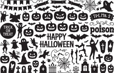Happy Halloween Set with Pumpkin and Ghost Icons, A Set of Halloween Silhouettes Vector, Halloween Black cat peeking illustration clipart design