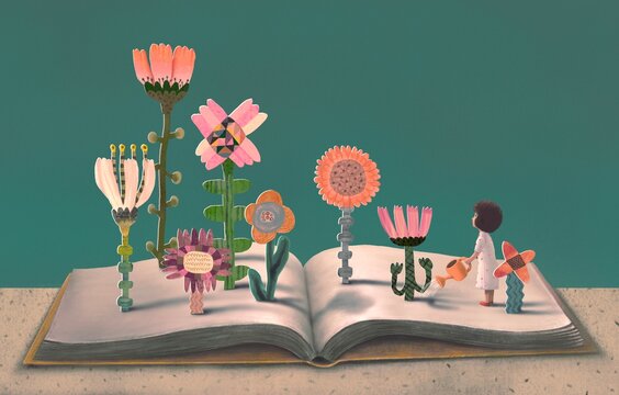 Book of imagination with a girl, Education dream hope inspiration and freedom concept, surreal painting. Fantasy art, conceptual artwork, happiness of child
