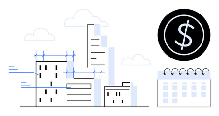 Buildings under construction with scaffolding, a dollar sign inside a black circle, and a calendar. Ideal for project management, budgeting, finance, architecture, real estate, urban planning simple