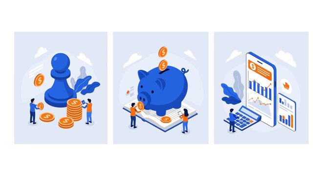 Financial planning and investment strategy for business growth and wealth accumulation visualized with isometric illustrations