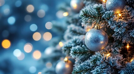 Christmas tree decorated with silver ornaments and warm lights in a snowy setting at night