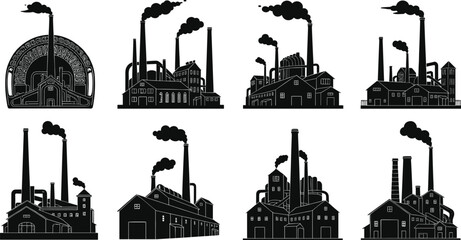Fototapeta premium Old industrial factory buildings with smoke stacks, vintage chimneys, retro power plants, warehouse manufacturing sites, black silhouette industry illustration design