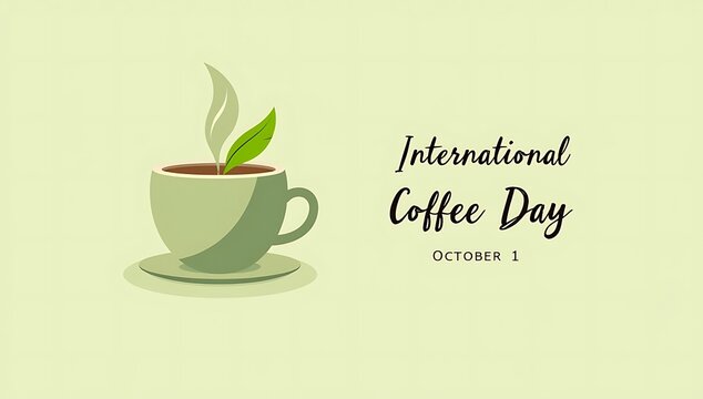 Celebrating international coffee day with a steaming cup and green leaf accent
