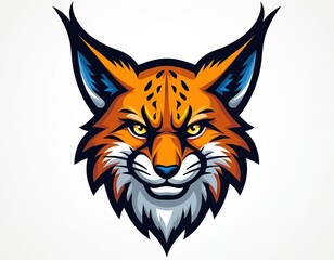 Aggressive lynx head mascot visual art, stylized wildcat face with sharp features. Orange, blue, white colors, abstract design for sports team logo or emblem. Fierce predator illustration.