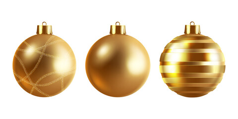 gold color various pattern christmas balls set.3D realistic christmas decorations concept clip art isolated design on the white background vector illustration.