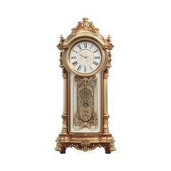 Tall grandfather clock with polished golden face and wooden frame isolated on transparent background for vintage design