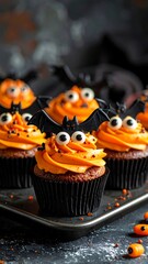 Halloween cupcakes with orange frosting and bat decorations